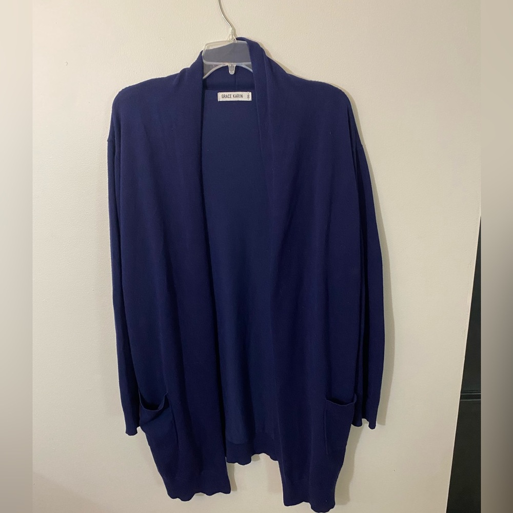 Grace Karin Navy Long Shawl Neck Cardigan, 2X